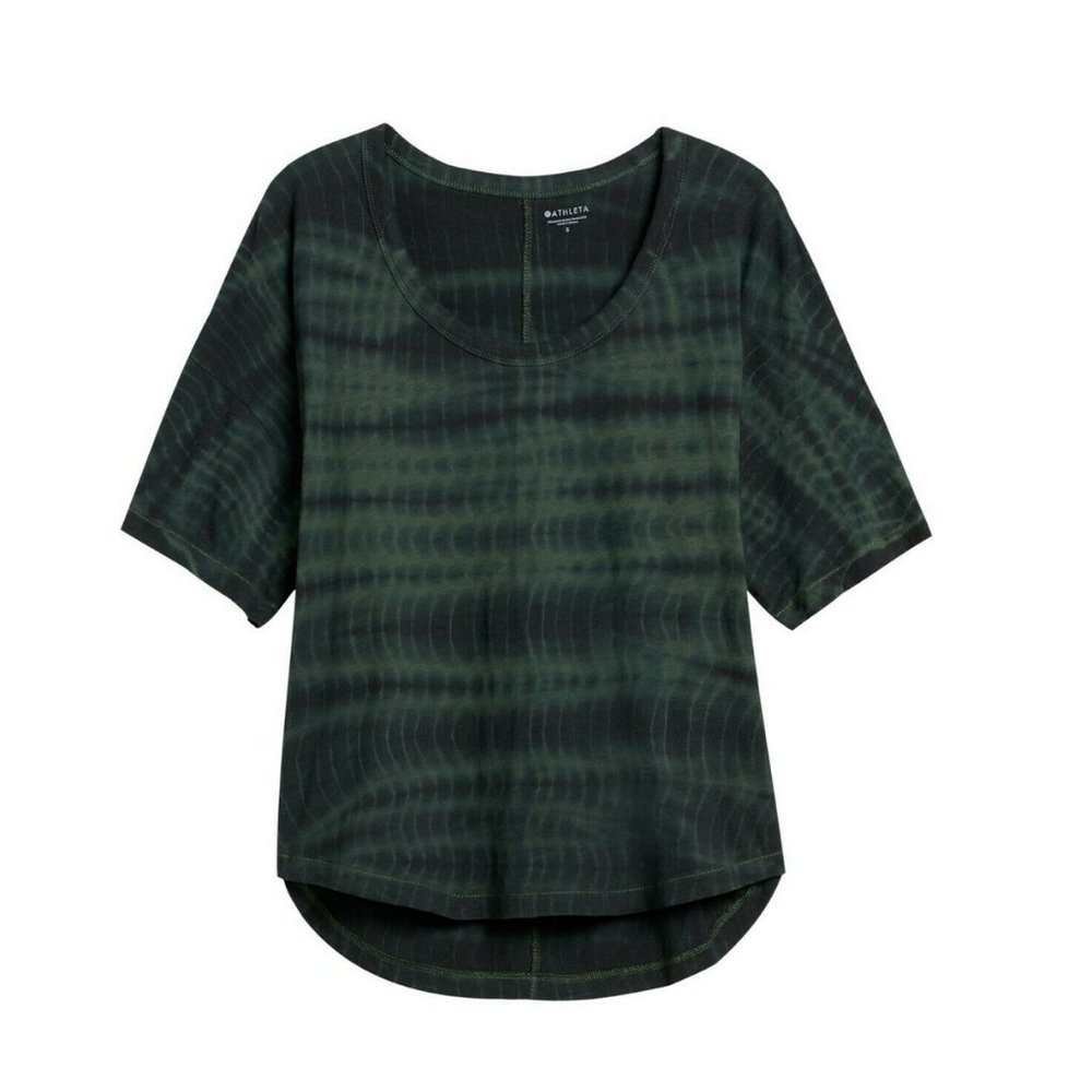 ATHLETA TUSCAN OLIVE SHORT SLEEVE ORGANIC DAILY TIE-DYE COMMUTE TEE